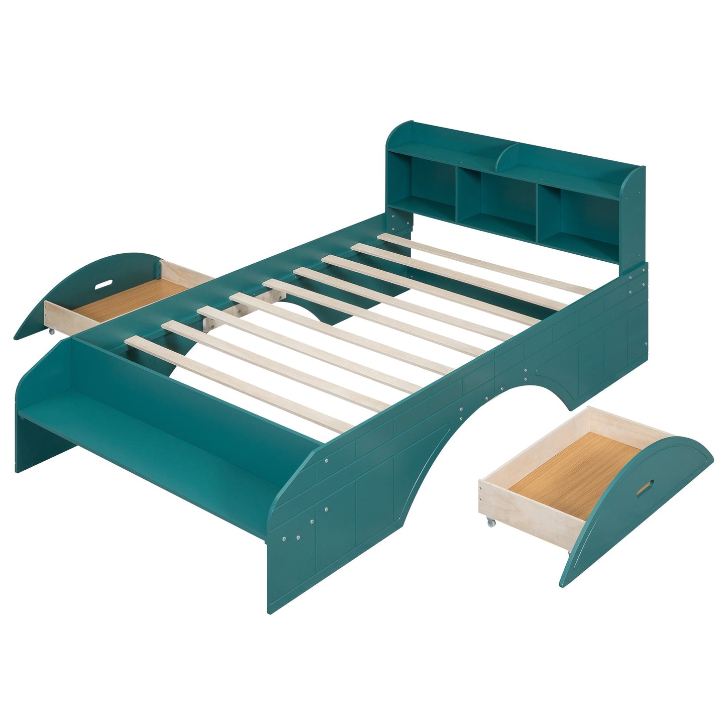 Wood Full Size Platform Bed with 2 Drawers, Storage Headboard and Footboard, Dark Green - Korvel