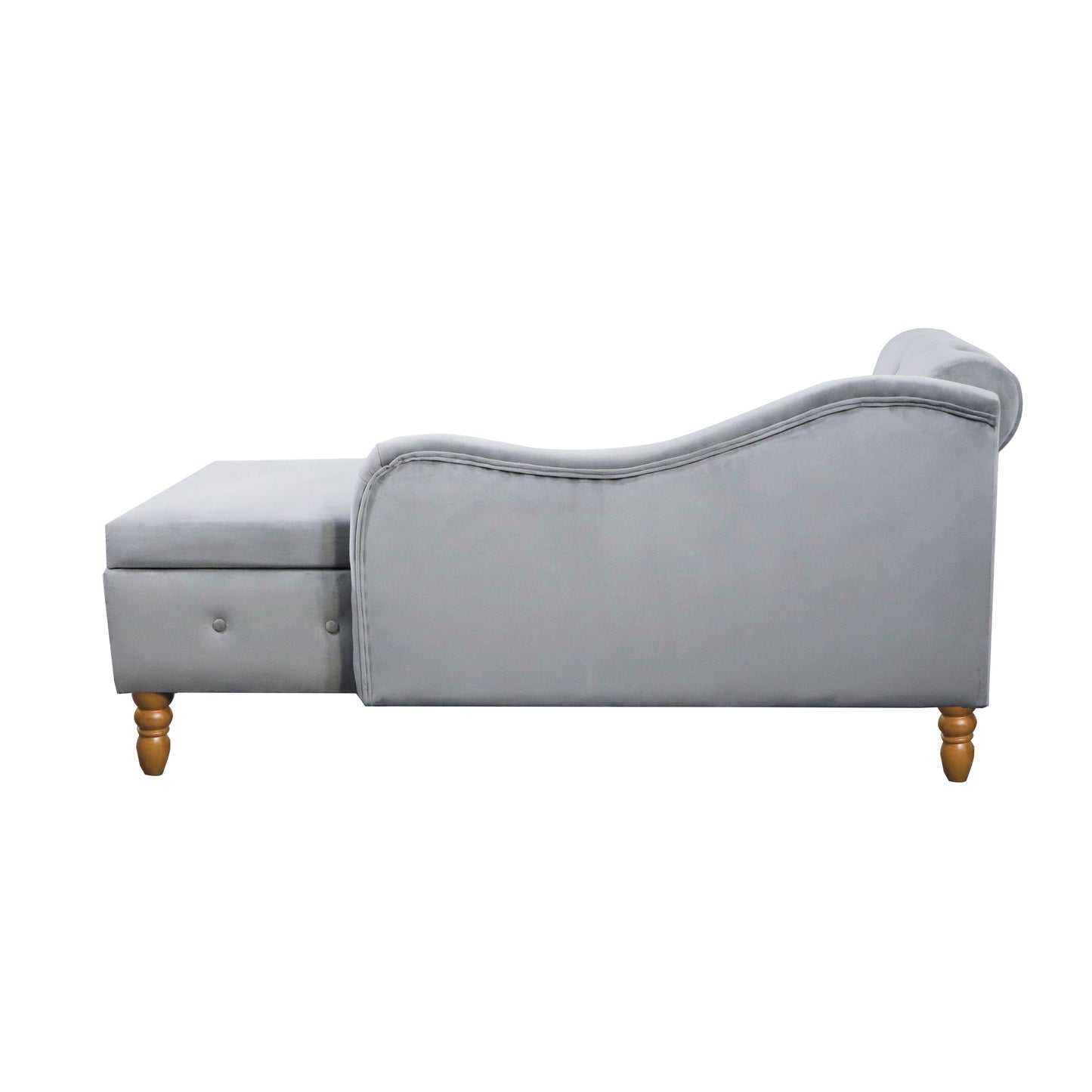 Chaise longue en velours gris avec rangement et coussin