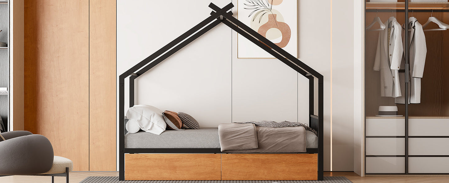 Twin Size Metal House Bed with Two Drawers - Black