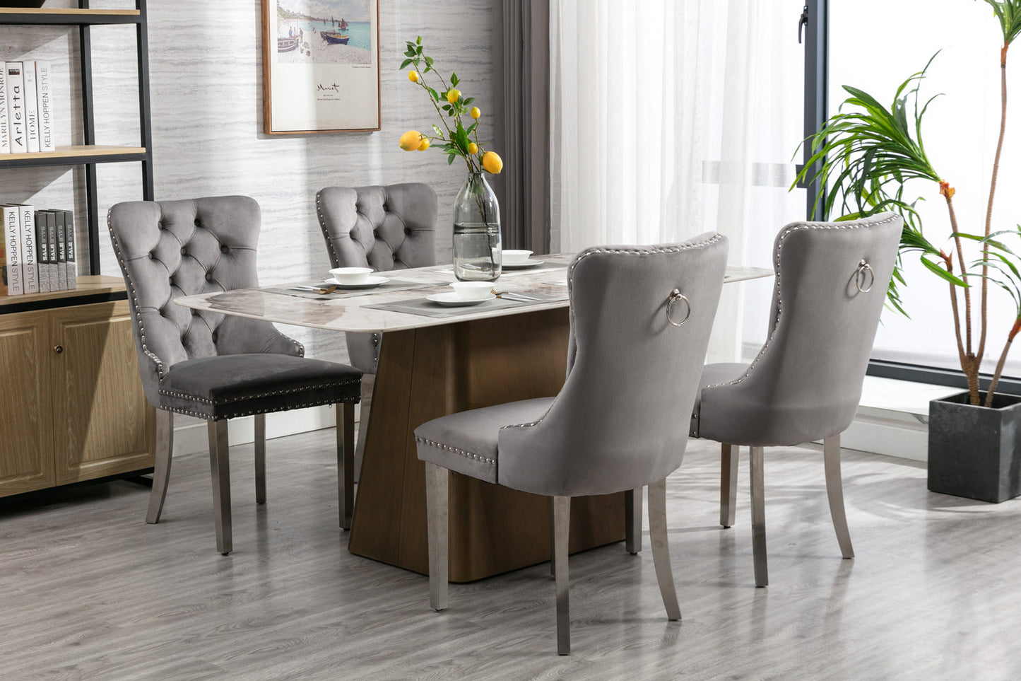High end tufted solid wood velvet soft cushion dining chair chrome plated leg nail decoration gray and chrome two-piece set - Korvel