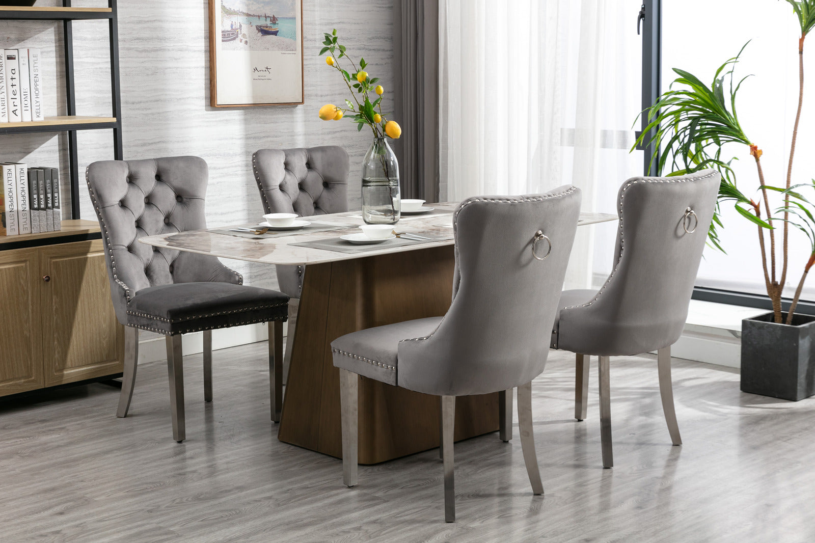High end tufted solid wood velvet soft cushion dining chair chrome plated leg nail decoration gray and chrome two-piece set - Korvel