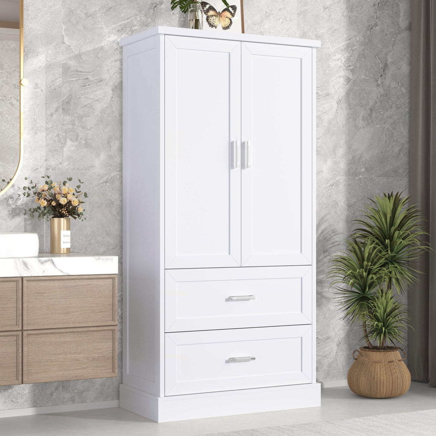 Tall Bathroom Storage Cabinet, Cabinet with Two Doors and Drawers, Adjustable Shelf, MDF Board, White - Korvel