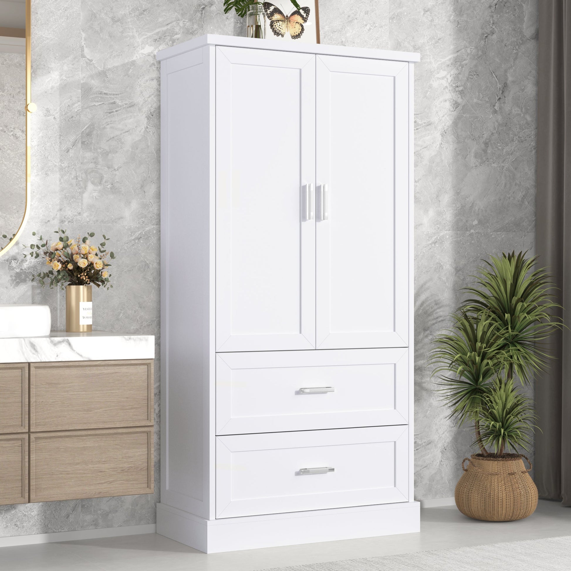 Tall Bathroom Storage Cabinet, Cabinet with Two Doors and Drawers, Adjustable Shelf, MDF Board, White - Korvel