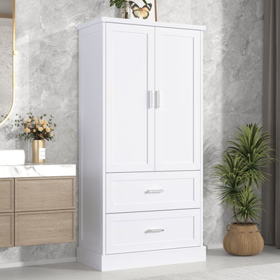 Tall Bathroom Storage Cabinet, Cabinet with Two Doors and Drawers, Adjustable Shelf, MDF Board, White - Korvel