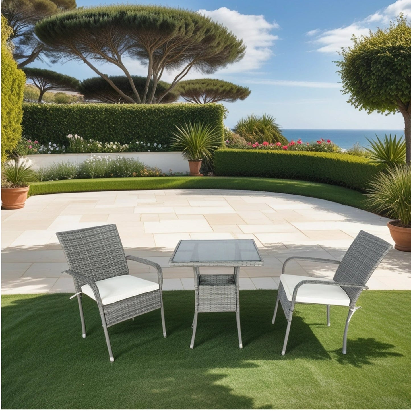 3 Piece Patio Wicker Conversation Set Grey Wicker + white Cushion - Korvel