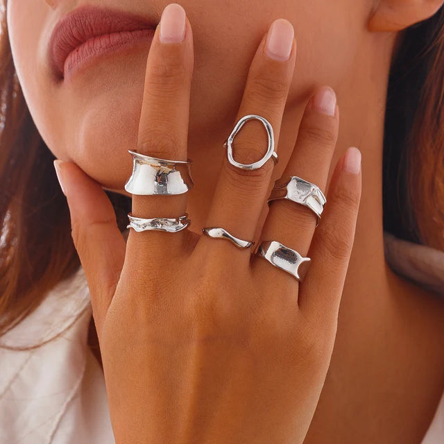 Ingemark 6Pcs Punk Irregular Hollow Metal Cuff Rings Set for Women