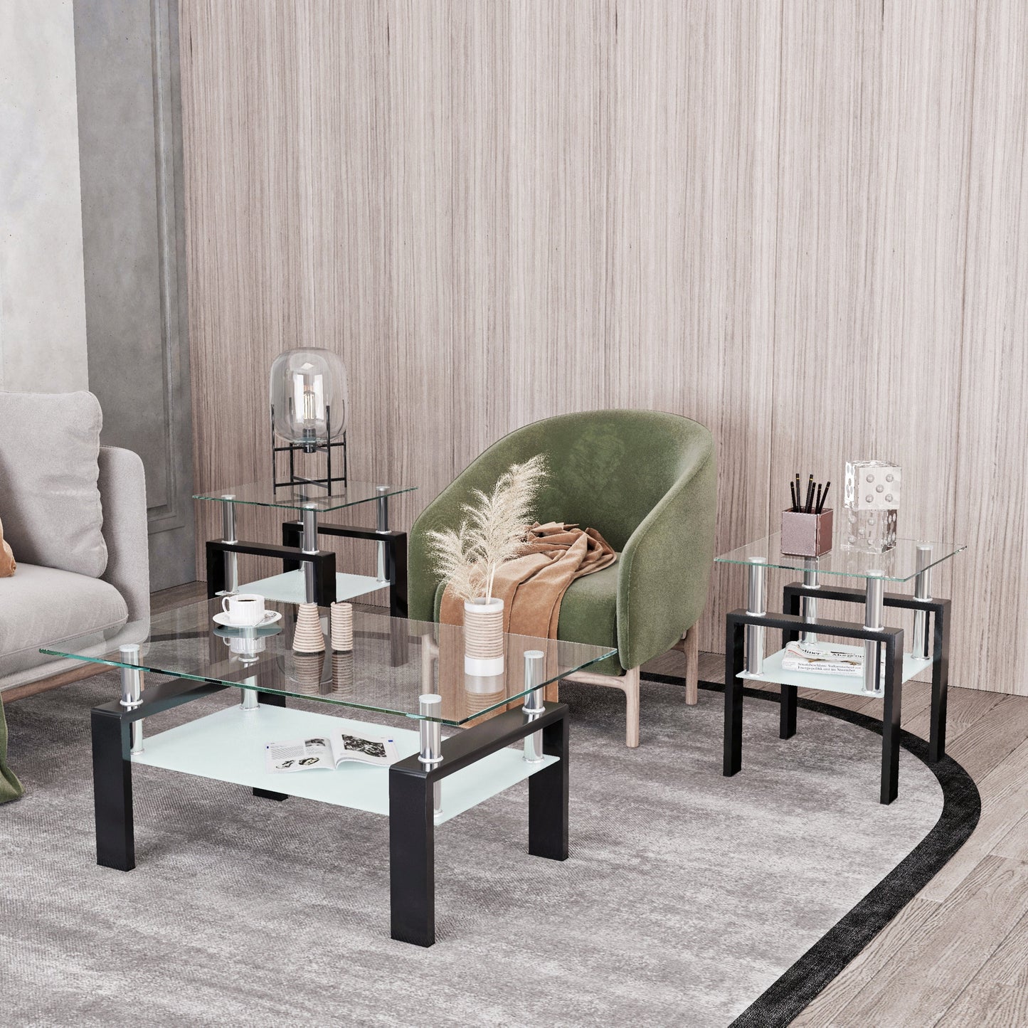 Set of 2, Modern Tempered Glass Tea Table Coffee Table End Table, Square Table for Living Room, Transparent/Black - Korvel