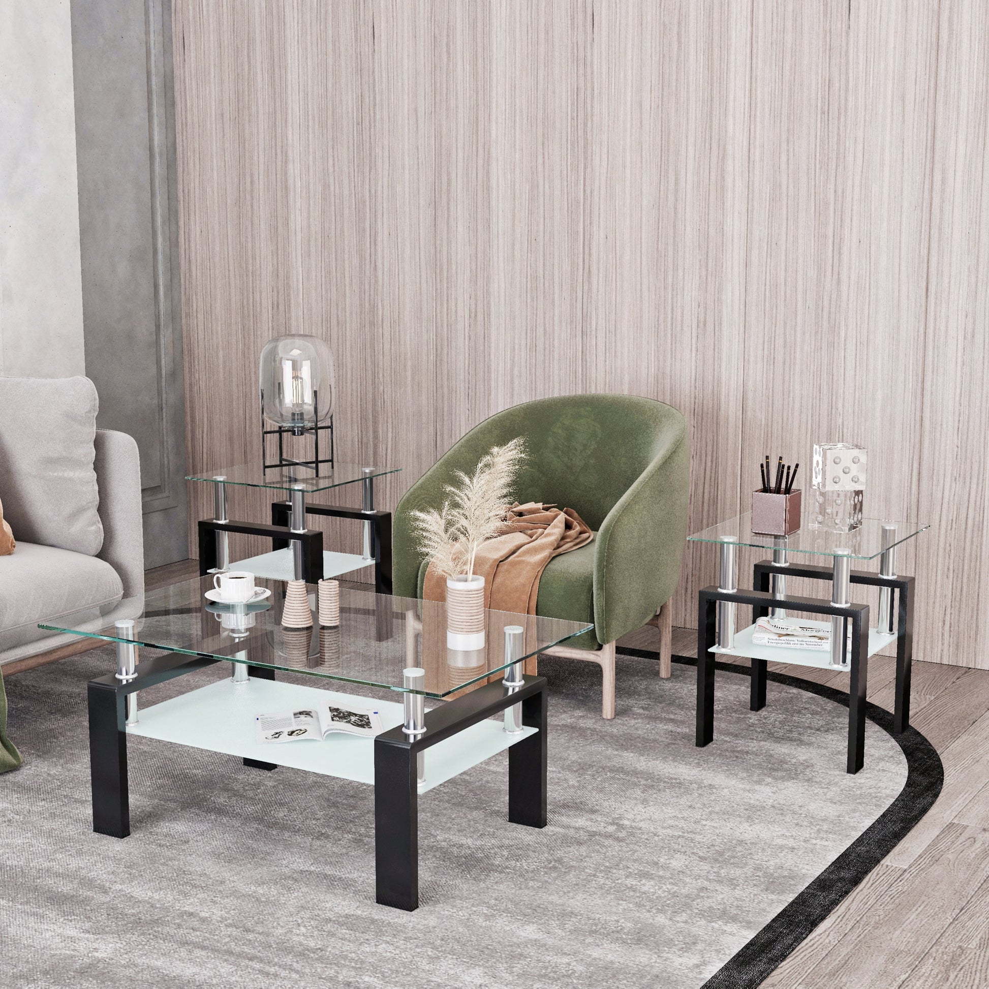 Set of 2, Modern Tempered Glass Tea Table Coffee Table End Table, Square Table for Living Room, Transparent/Black - Korvel
