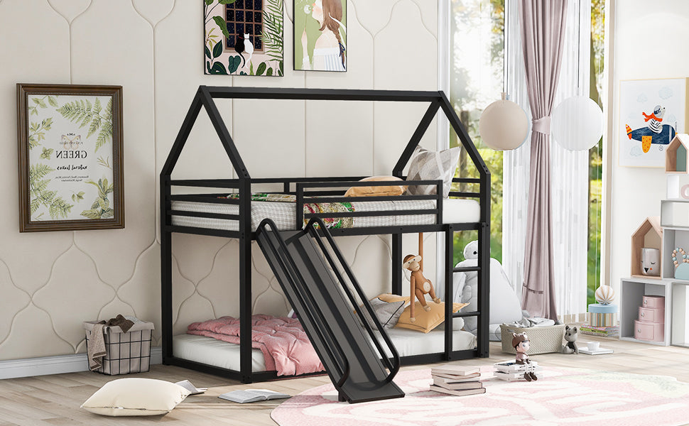 Twin over Twin House Bunk Bed with Ladder and Slide,Black - Korvel