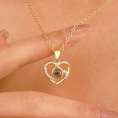 Diamond studded heart-shaped projection necklace in 100 languages. I love you, heart-shaped pendant, couple necklace - Korvel