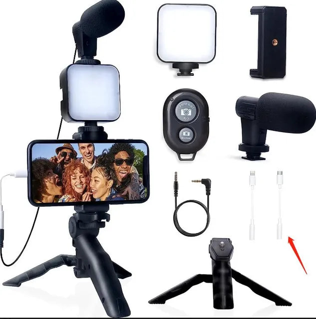 Premium Vlogging Kit with Tripod, LED Light & Microphone
