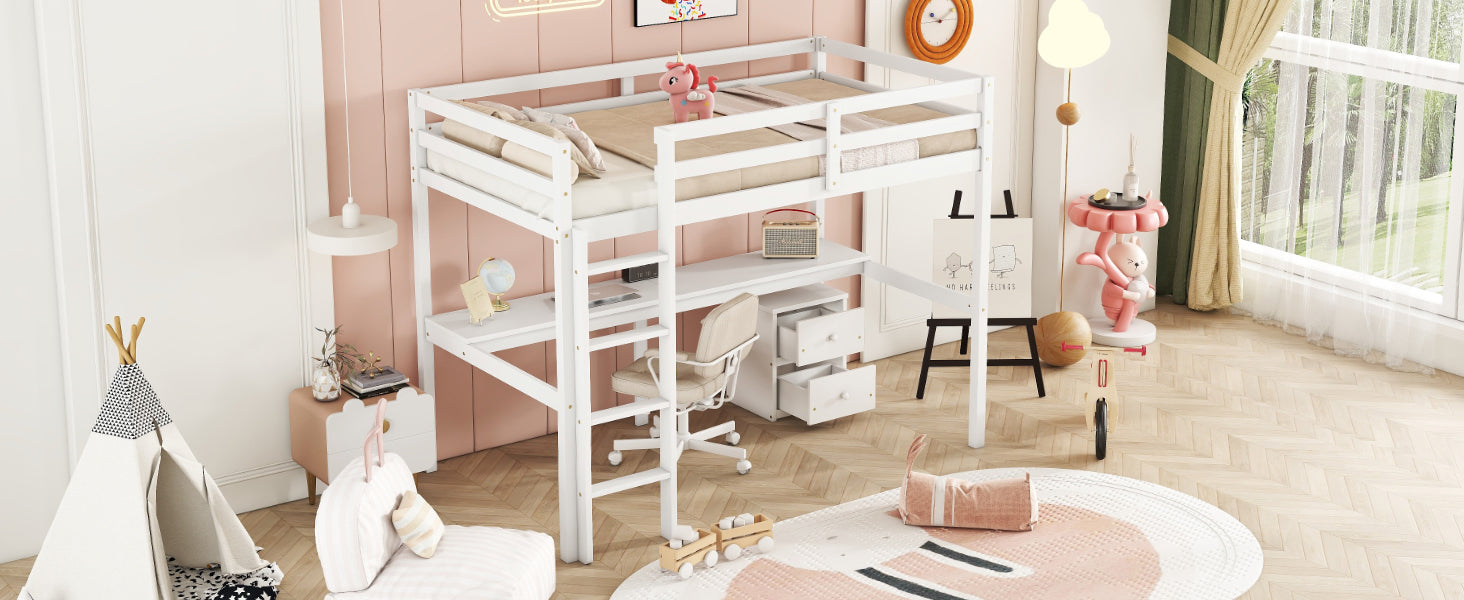 Twin Loft Wood Bed with Under-bed, Built-in Desk, a Storage Cabinet of 2 Drawers, Guardrails, Ladder,White - Korvel
