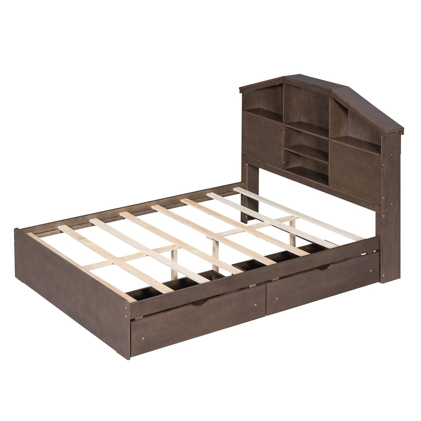 Cama Plataforma de Madera de Nogal de Tamaño Completo con Cabecera de Almacenamiento