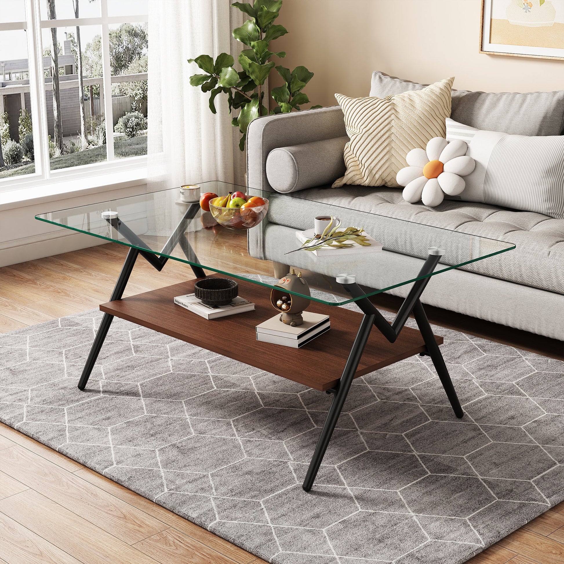 Rectangle Coffee Table with Tempered Glass top and Black Metal Legs, Modern Table for Living Room , Transparent Glass - Korvel