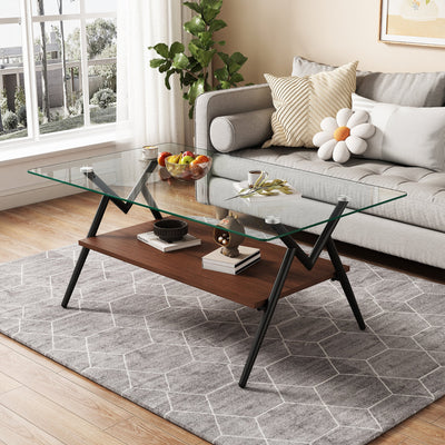 Rectangle Coffee Table with Tempered Glass top and Black Metal Legs, Modern Table for Living Room , Transparent Glass - Korvel