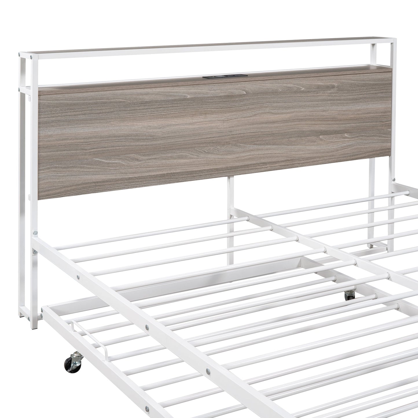 Queen Size Metal Platform Bed Frame with Trundle, USB Ports and Slat Support ,No Box Spring Needed White - Korvel