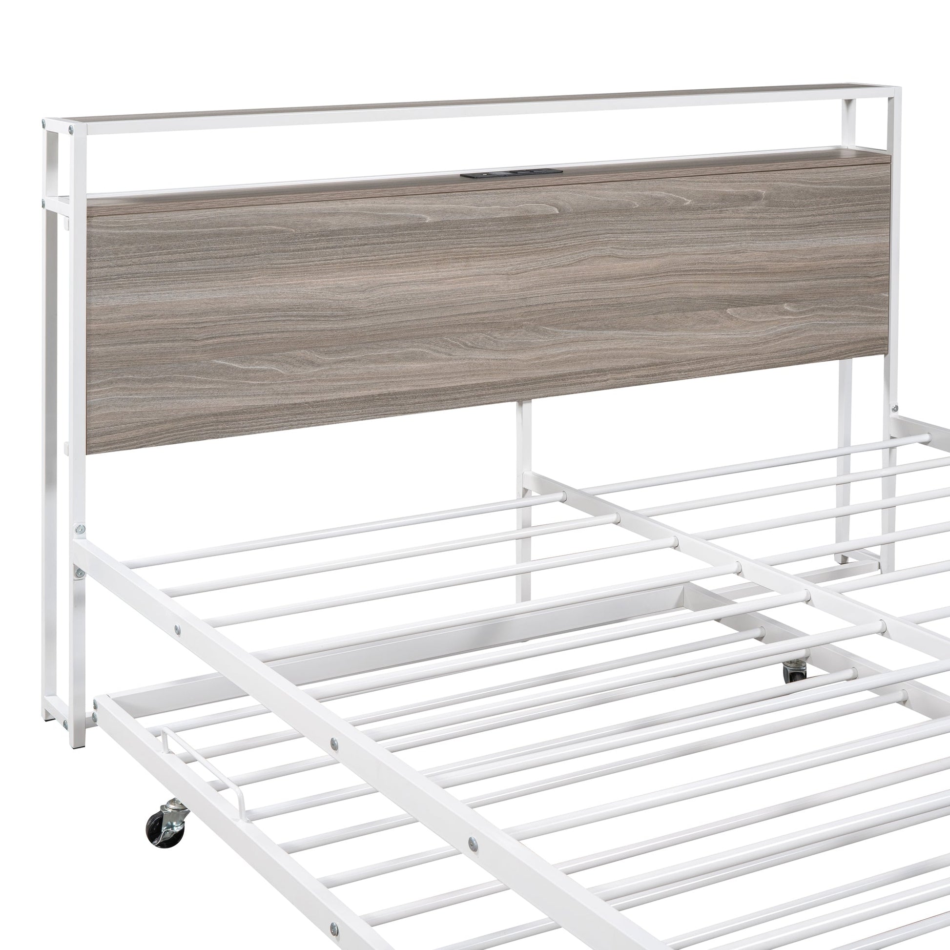 Queen Size Metal Platform Bed Frame with Trundle, USB Ports and Slat Support ,No Box Spring Needed White - Korvel