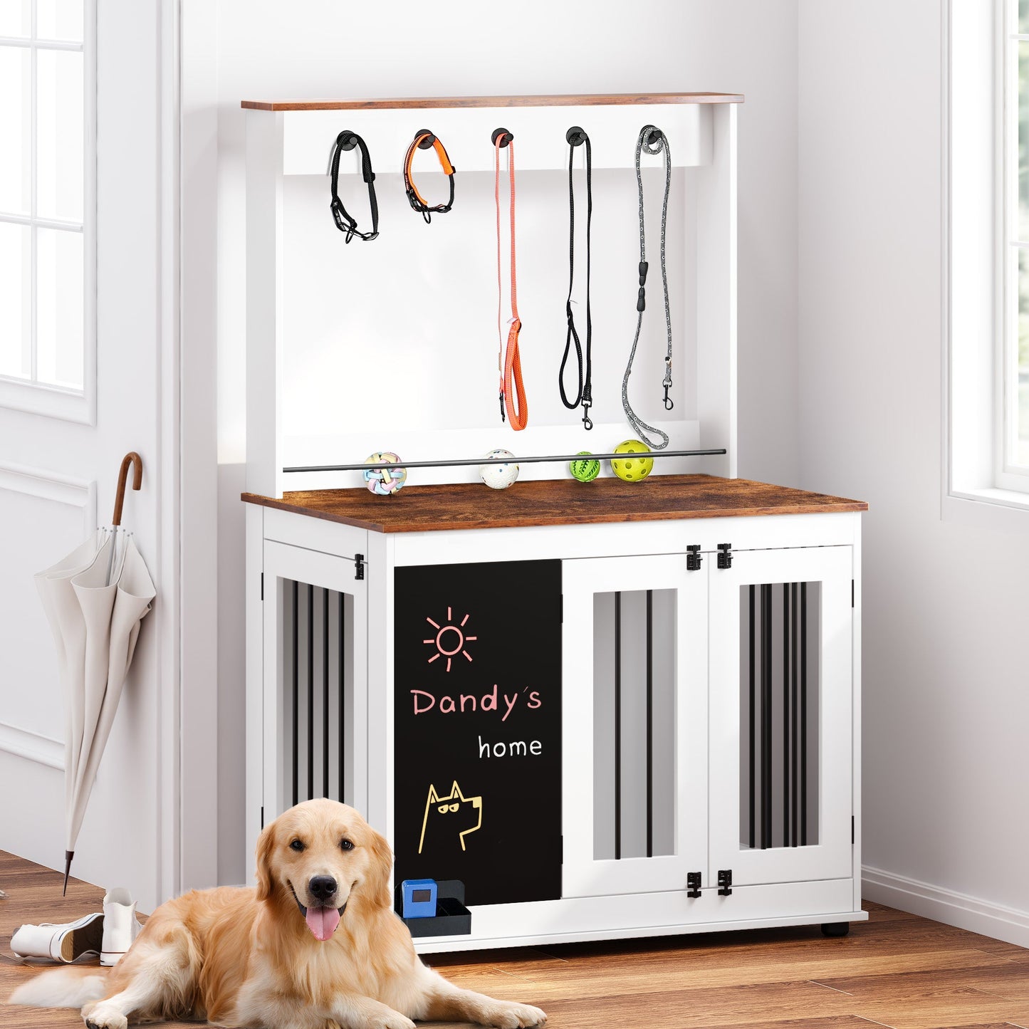 Premium Graffiti Dog Crate with Double Doors - White Vintage