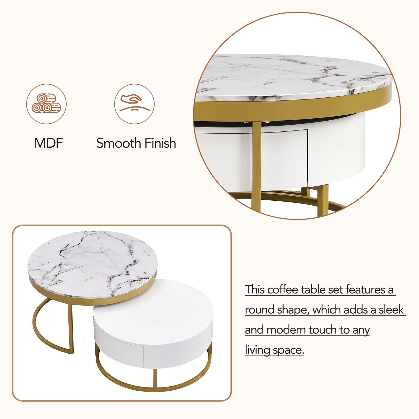 Mesa de café moderna redonda apilable con cajones en blanco