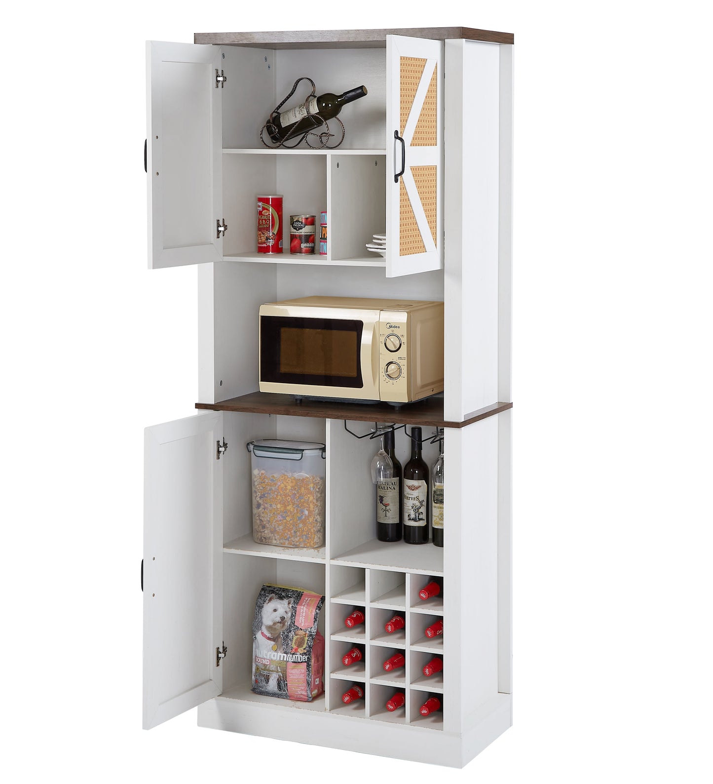 76 Inch Tall Farmhouse Kitchen Faux Rattan Wine Cabinet, Kitchen Bar Cabinet with Square Compartments and Shelves - Korvel