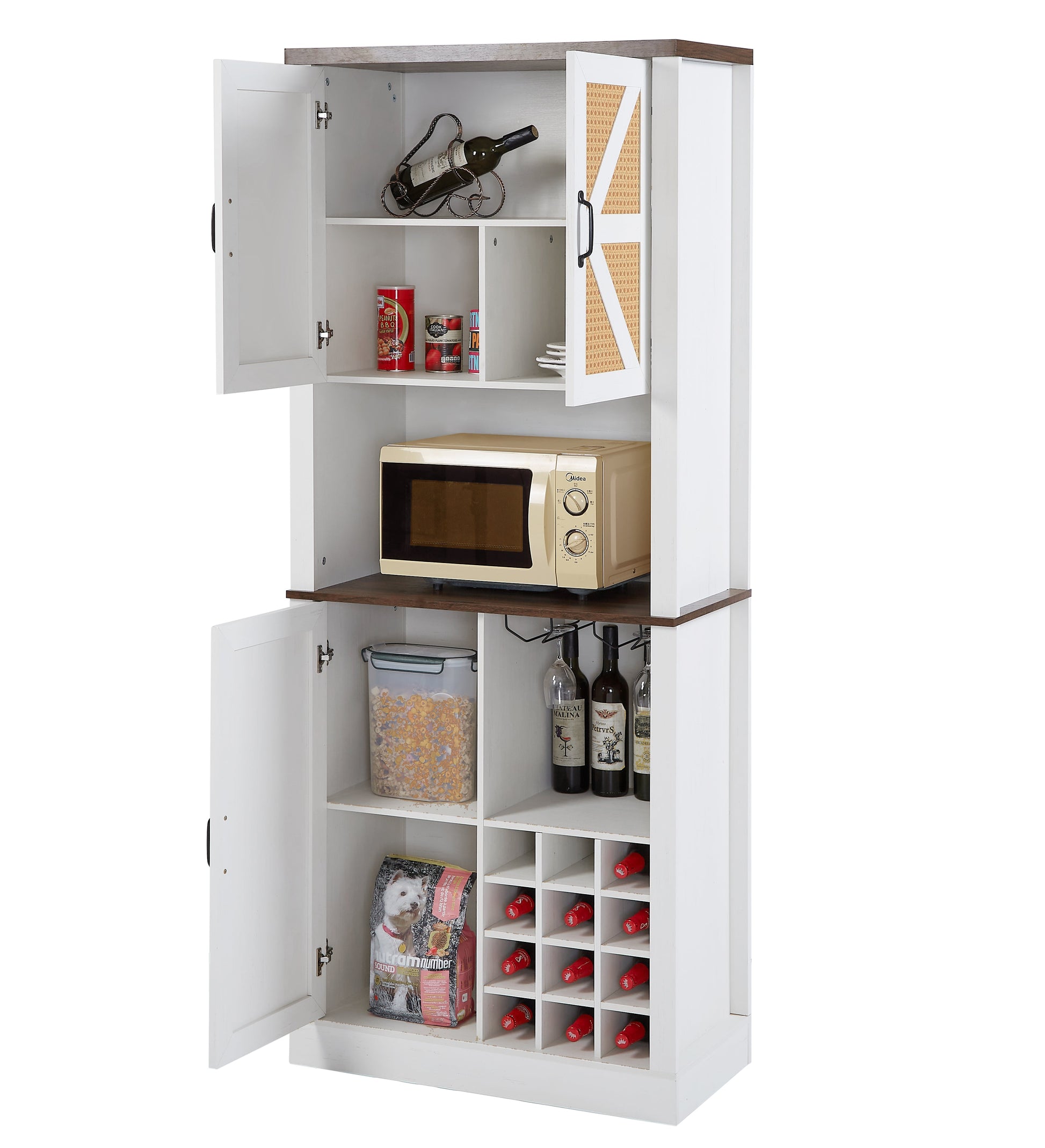 76 Inch Tall Farmhouse Kitchen Faux Rattan Wine Cabinet, Kitchen Bar Cabinet with Square Compartments and Shelves - Korvel