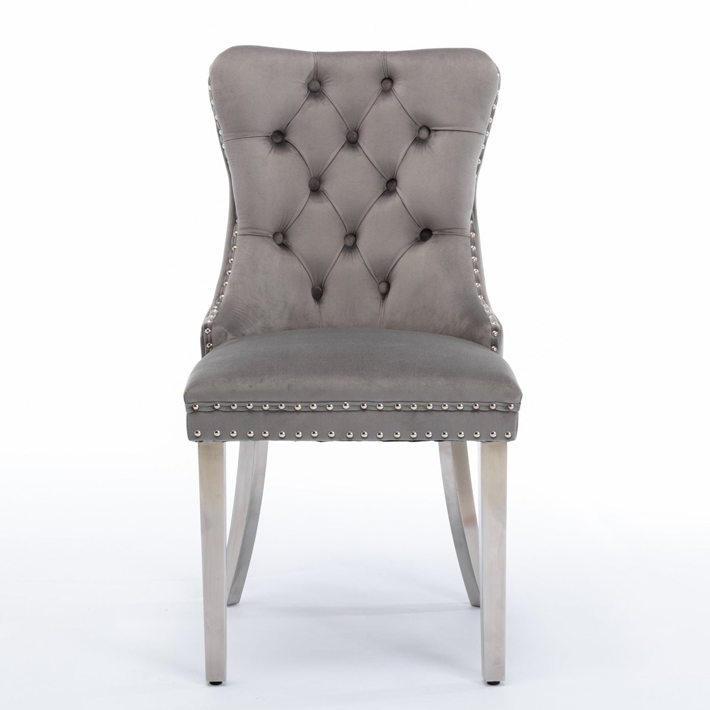 High end tufted solid wood velvet soft cushion dining chair chrome plated leg nail decoration gray and chrome two-piece set - Korvel