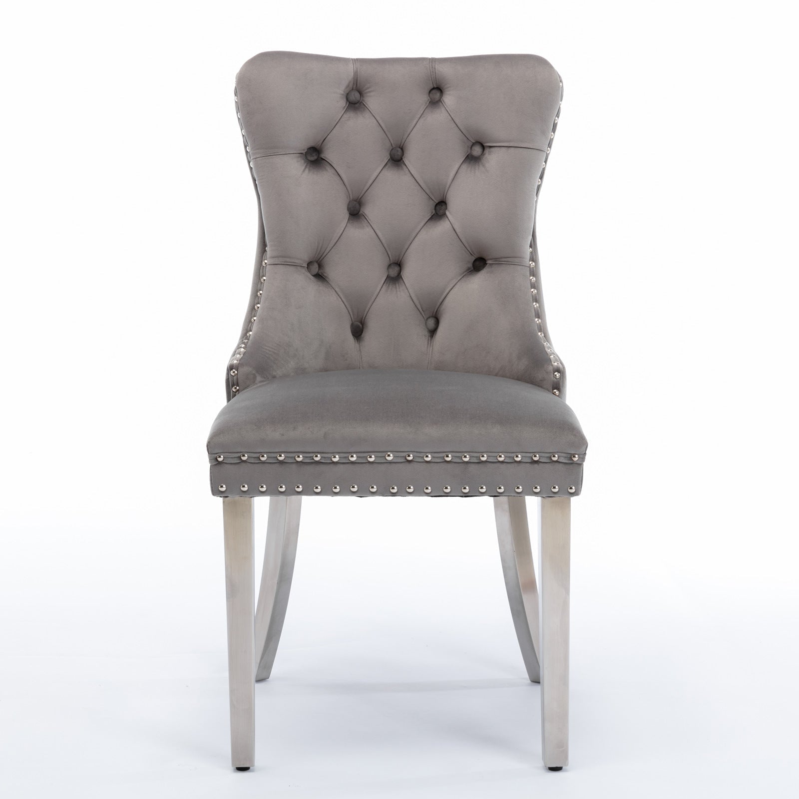 High end tufted solid wood velvet soft cushion dining chair chrome plated leg nail decoration gray and chrome two-piece set - Korvel