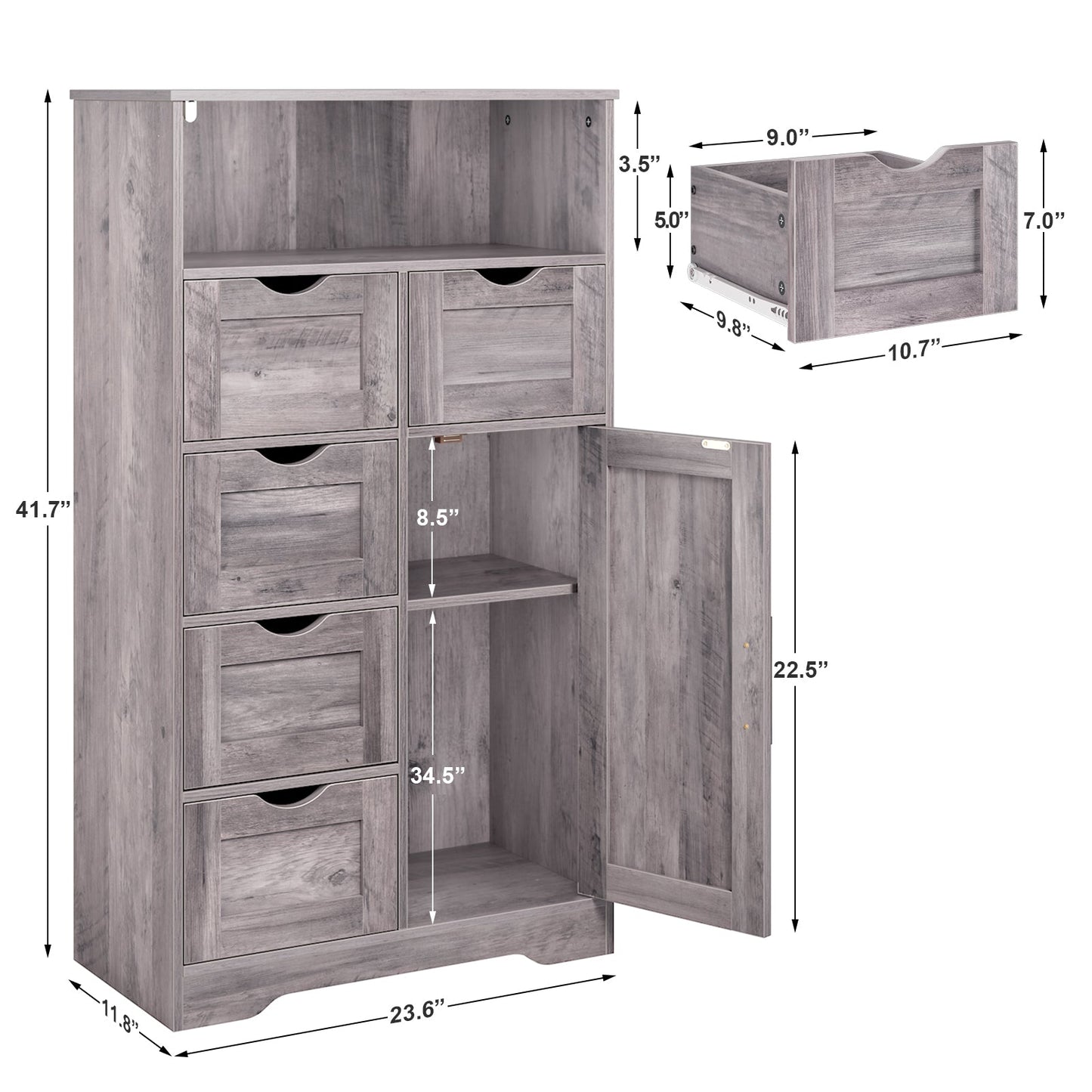 5 Drawers Storage Cabinet with Adjustable Shelves, Bathroom Cabinet with Doors, Floor Cabinet for Living Room Grey - Korvel