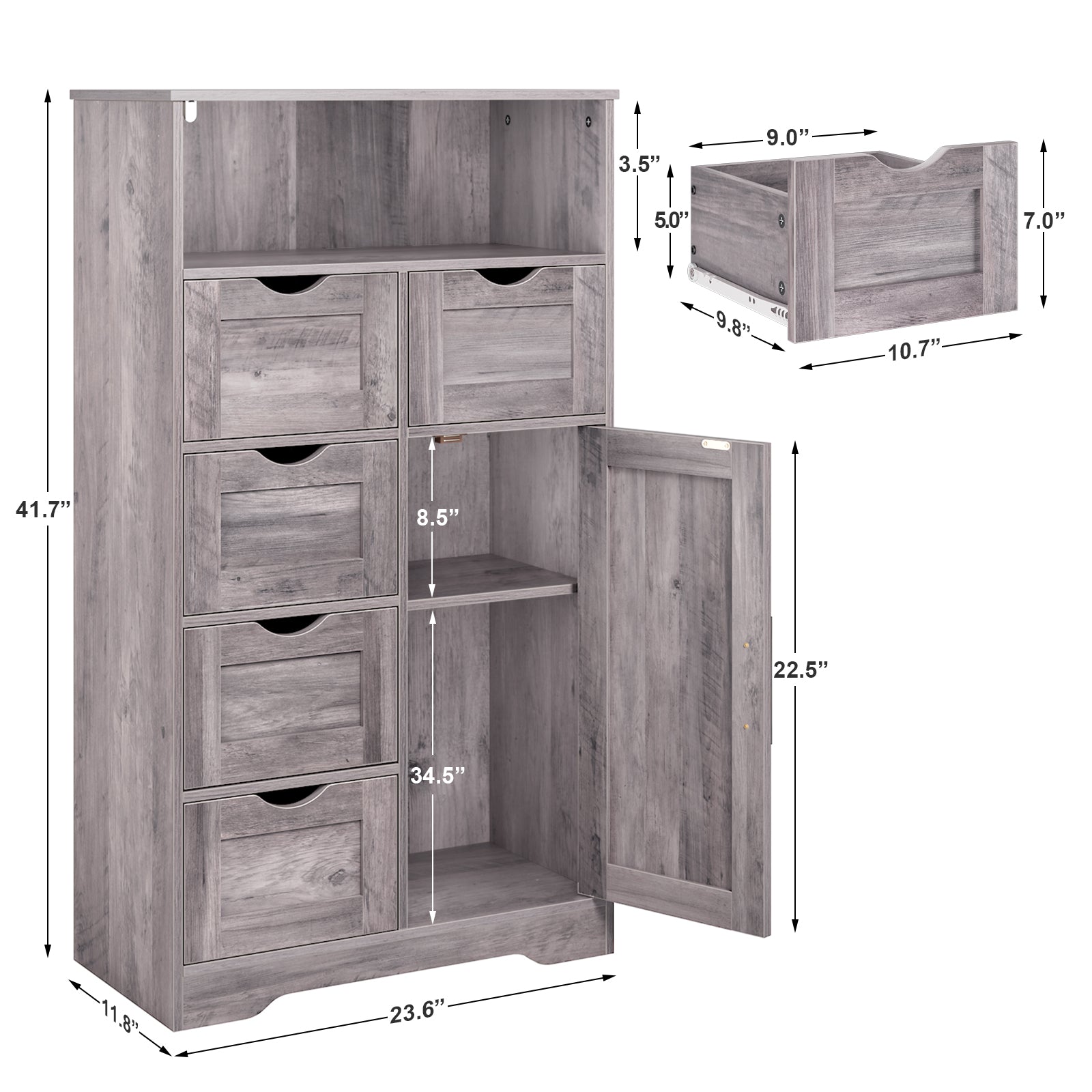 5 Drawers Storage Cabinet with Adjustable Shelves, Bathroom Cabinet with Doors, Floor Cabinet for Living Room Grey - Korvel