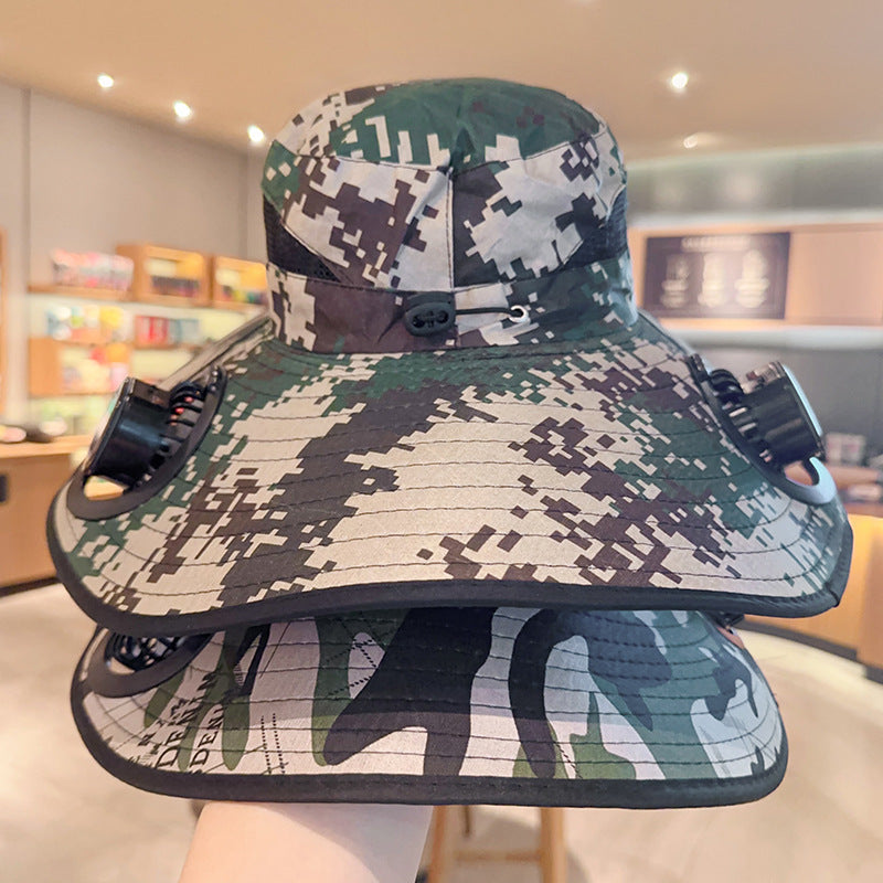 Solar powered fan large brim hat men's outdoor sunshade hat mountain climbing fisherman hat - Korvel