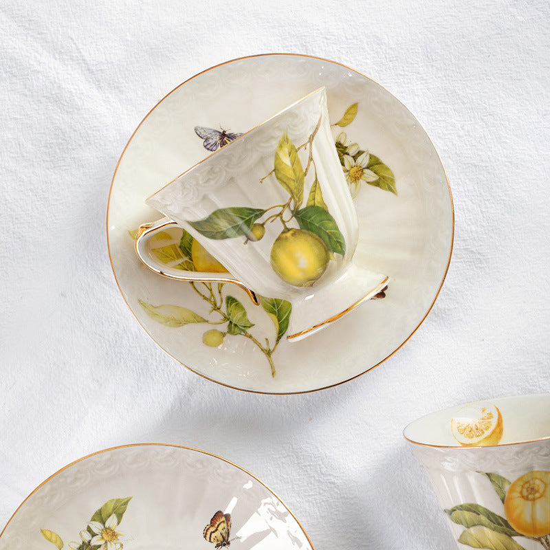European - style Elegant Lemon Espresso Cups Set: Includes Tea Cups, Saucers, Ceramic Mugs, and a Dessert Plate - Korvel