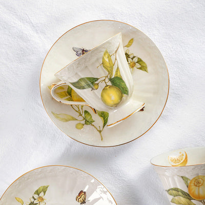 European - style Elegant Lemon Espresso Cups Set: Includes Tea Cups, Saucers, Ceramic Mugs, and a Dessert Plate - Korvel