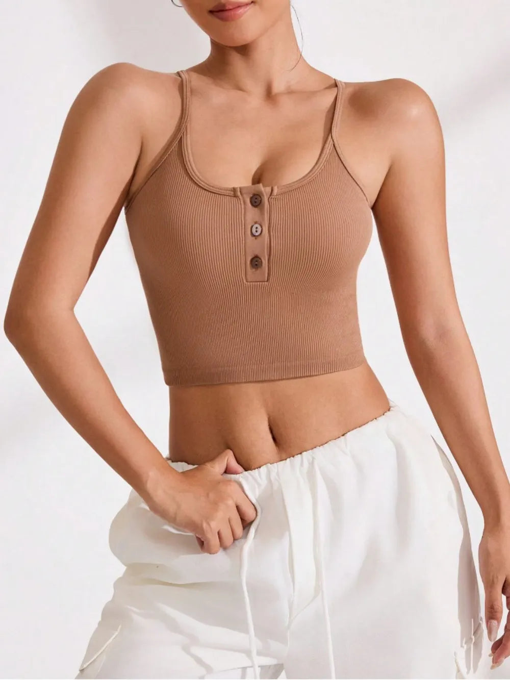 Ribbed Half Button Cropped Active Cami - Korvel