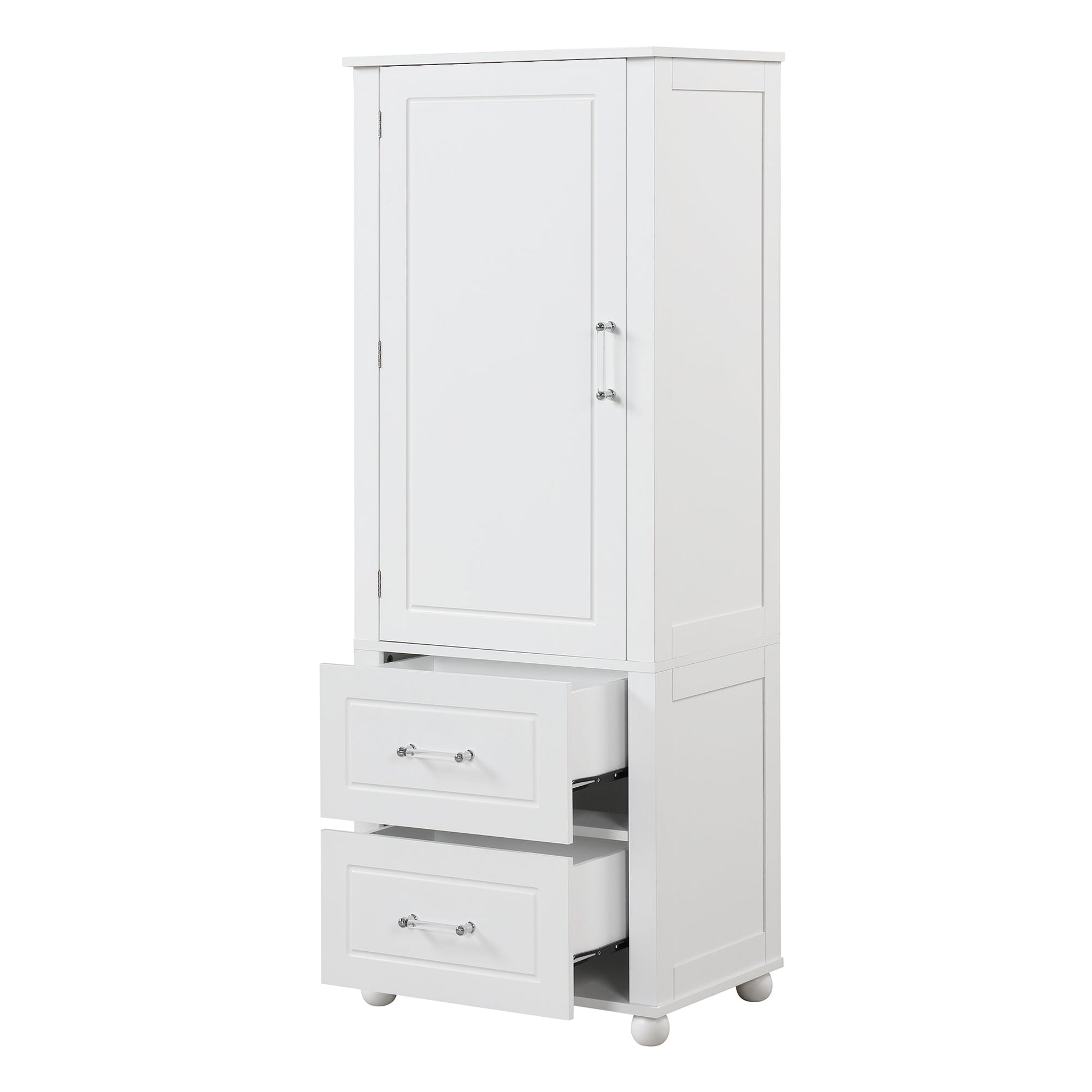 Tall bathroom storage cabinet with two drawers and adjustable shelves for independent storage - Korvel
