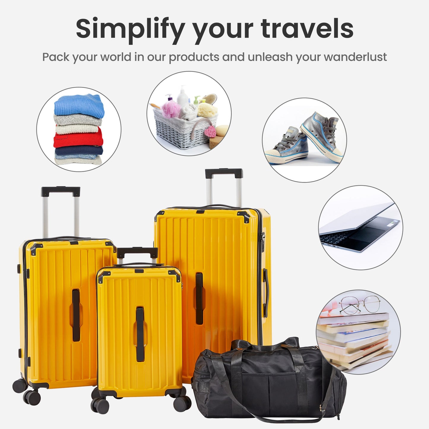 Luggage Set 4 pcs (20"/24"/29"/Travel Bag), PC+ABS Durable Lightweight Luggage with Collapsible Cup Holder TSA Lock, Yellow - Korvel