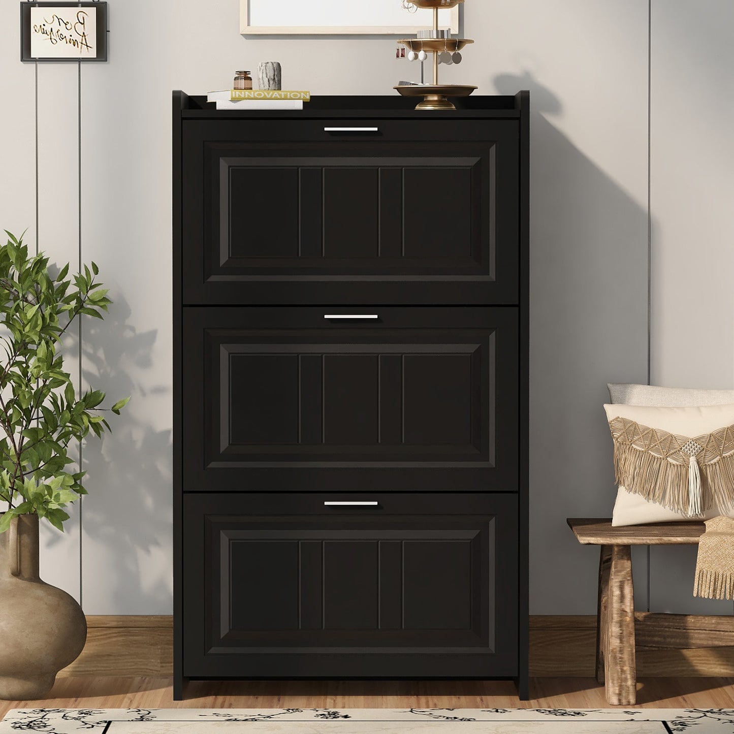 U-Can Shoe Storage Cabinet for Entryway with 3 Flip Drawers, Modern Shoe Organizer Cabinet, Free Standing Shoe Rack Black - Korvel