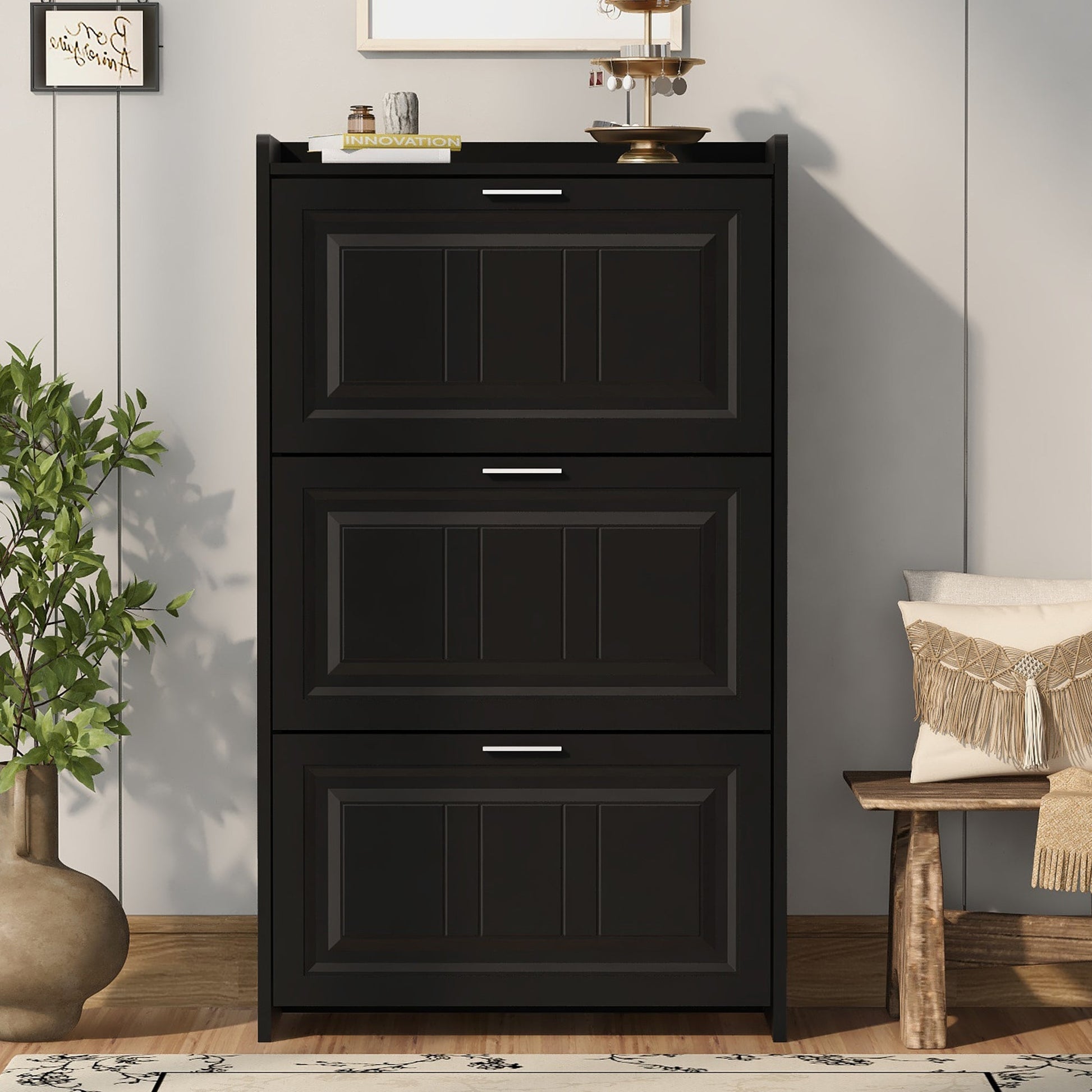 U-Can Shoe Storage Cabinet for Entryway with 3 Flip Drawers, Modern Shoe Organizer Cabinet, Free Standing Shoe Rack Black - Korvel
