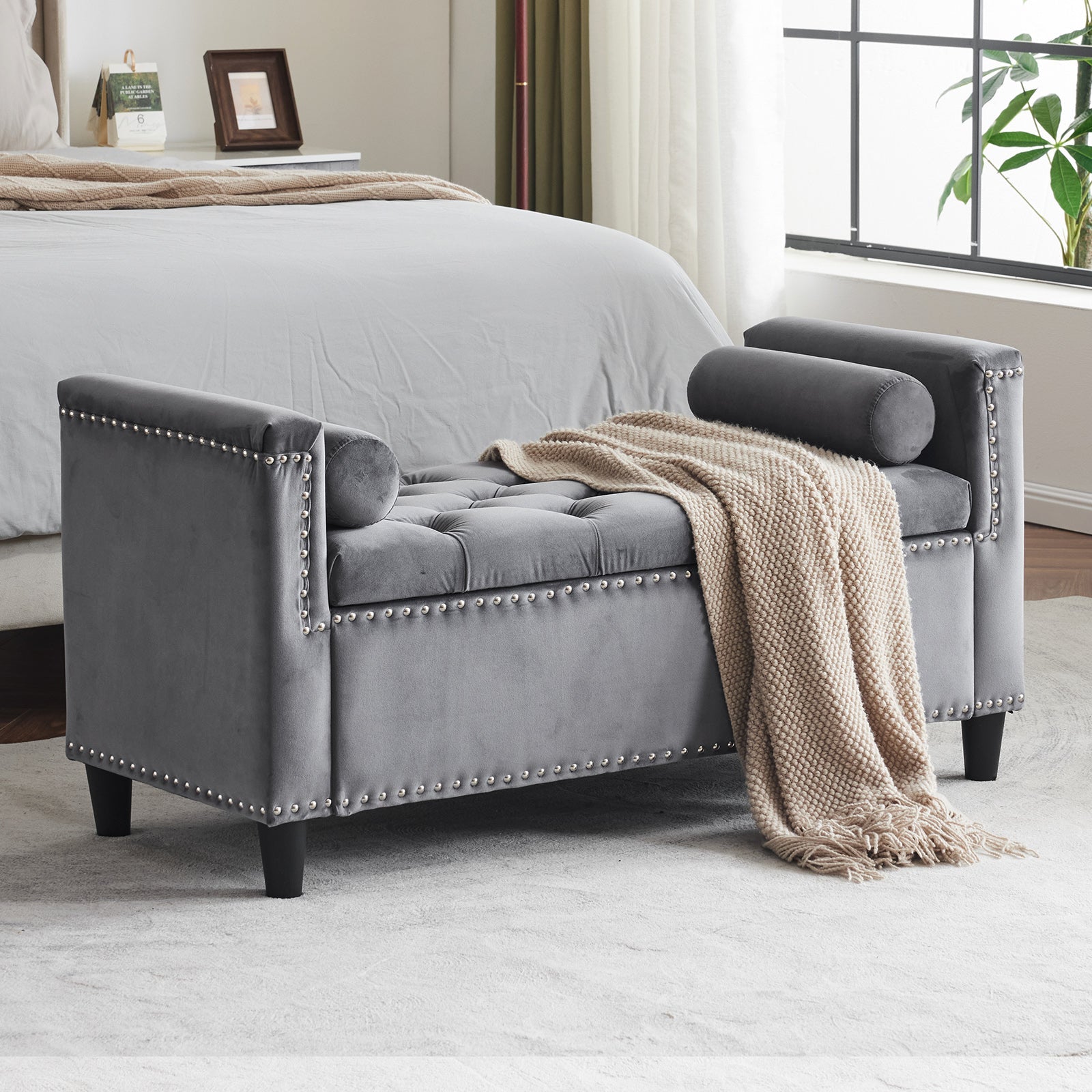 Storage Bench, 44.5-Inch Queen Velvet Button Bedside Bench, Entryway Living Room with Armrests, Nailhead Trim Gray - Korvel