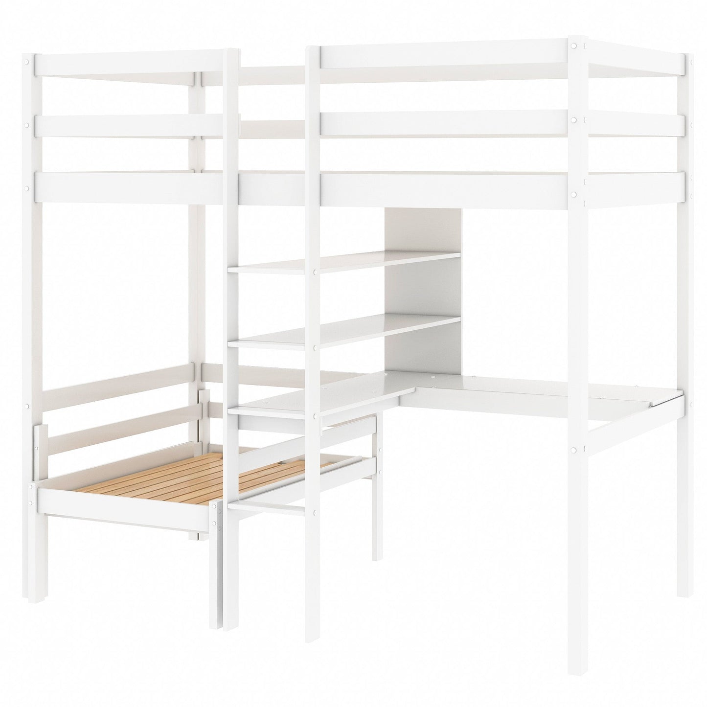 Convertible Loft Bed with L-Shape Desk, Twin Bunk Bed with Shelves and Ladder White - Korvel