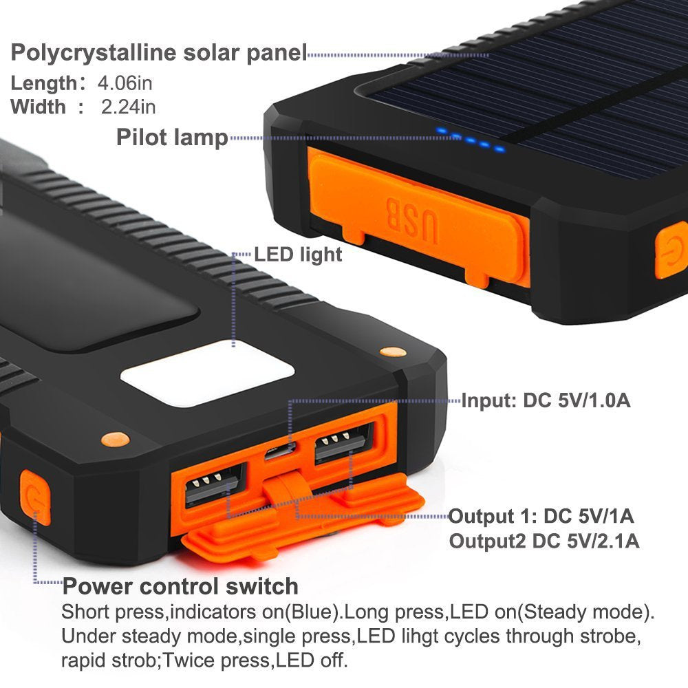 For Smartphone with LED Light Solar Power Bank Waterproof 20000mAh Charger 2 USB Ports External Charger Powerbank - Korvel