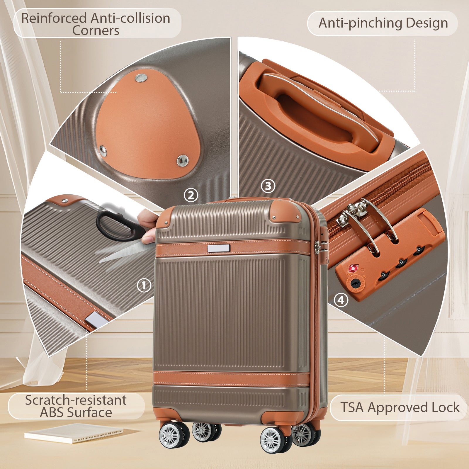 Hardshell Luggage Sets 3 Piece Carry-on Suitcase Double Spinner Wheels with TSA Lock for Men Women, Coppery (20in) - Korvel