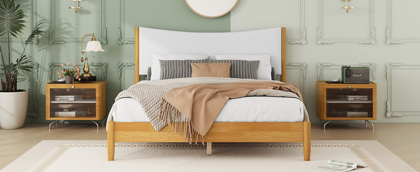 Queen Size Rubber Wooden , Solid Wooden Bed with Teddy Velvet Cushion Upholstered Headboard, Enhanced by Support Feet - Korvel