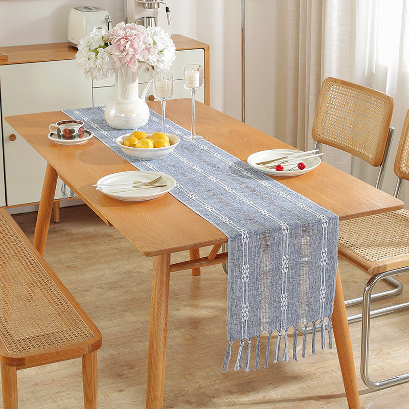 Hand - woven cotton and linen table flag with hollow tassels, suitable for household and rural dining tables - Korvel