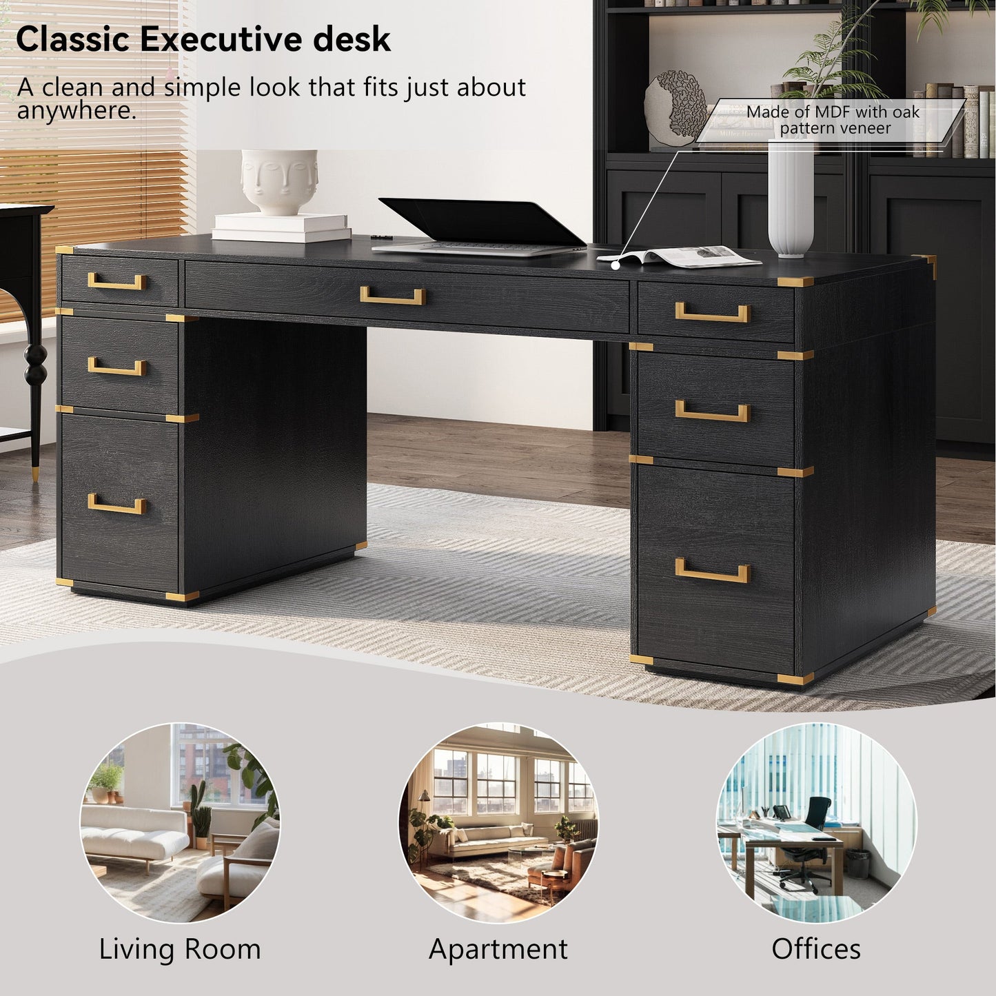 70 inch classic and traditional executive desk with metal trim, writing desk with 2 file drawers, USB ports, and sockets, black - Korvel