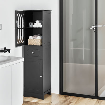 Tall Bathroom Cabinet, Freestanding Storage Cabinet with Drawer and Doors, MDF Board, Acrylic Door, Adjustable Shelf, Black - Korvel