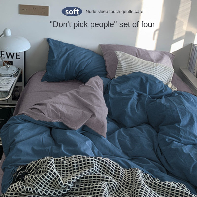 Solid Color Simple Four-Piece Set Flannel Quilt Cover INS Style Quilt Cover Dormitory Summer Washed Cotton Bedding Three-Piece Set - Korvel