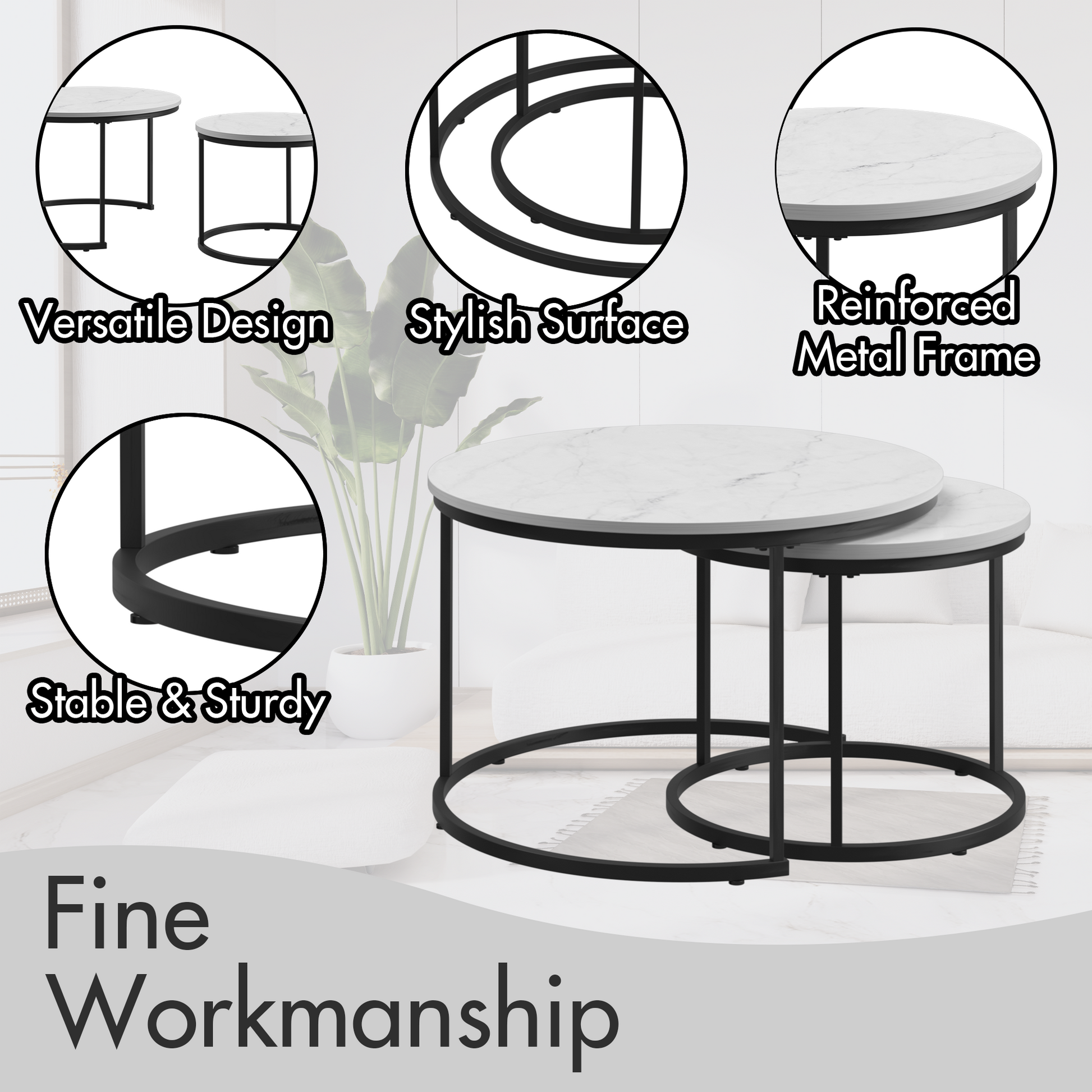 A set of nested 27.6-inch circular coffee tables with a wooden marble patterned tabletop and a sturdy metal frame (white) - Korvel