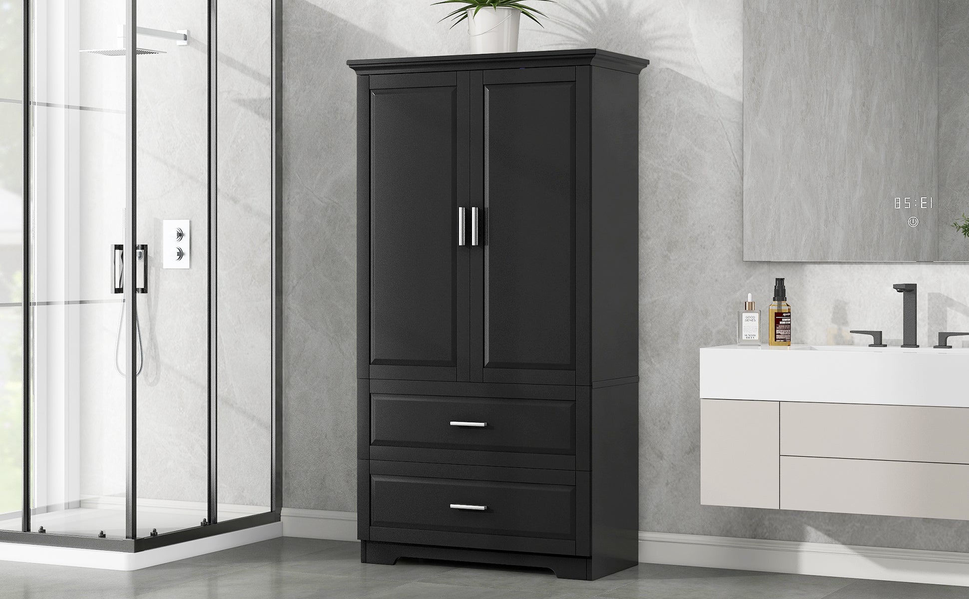 Tall Bathroom Storage Cabinet, Cabinet with Two Doors and Drawers, Adjustable Shelf, MDF Board, Black - Korvel
