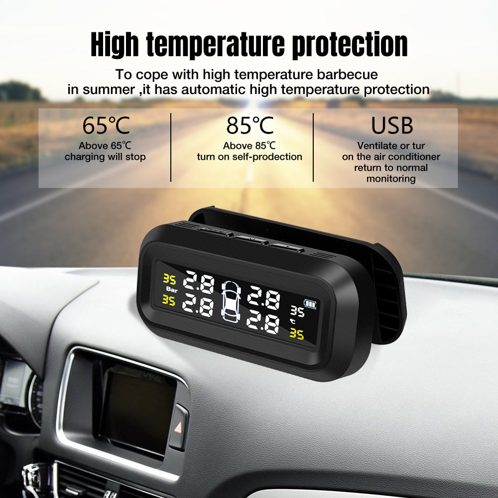 Smart Car TPMS Tire Pressure Monitoring System Solar Power Digital TMPS LCD Display USB Auto Security Alarm Tire Pressure Sensor - Korvel