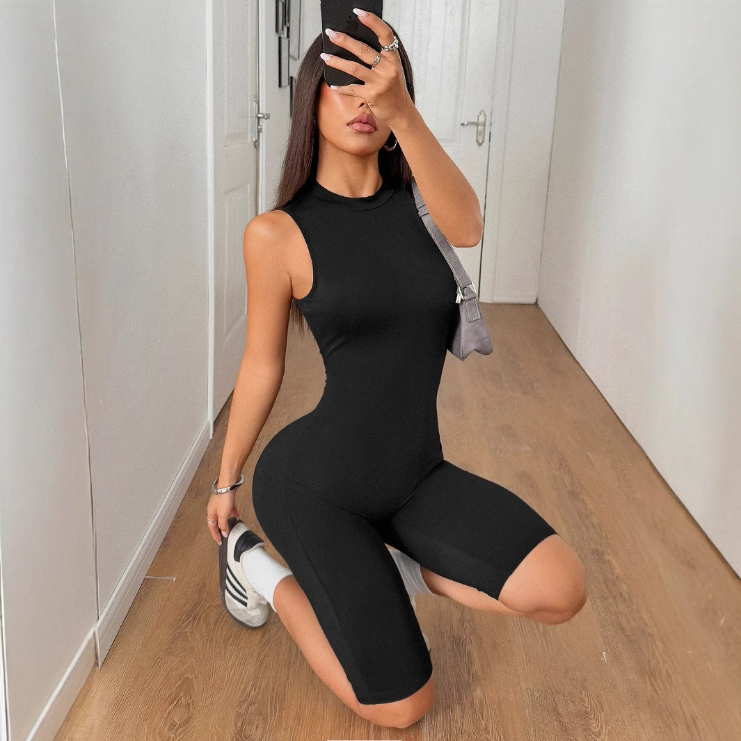 Sports style high elasticity solid color shorts jumpsuit - Korvel